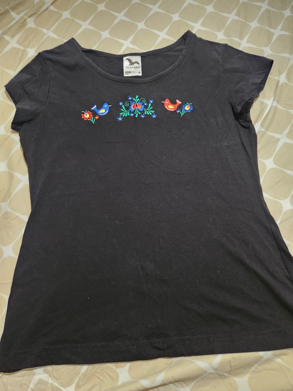 Hungarian Folk Art Black Short Sleeve Tee with Colorful Bird Embroidery
